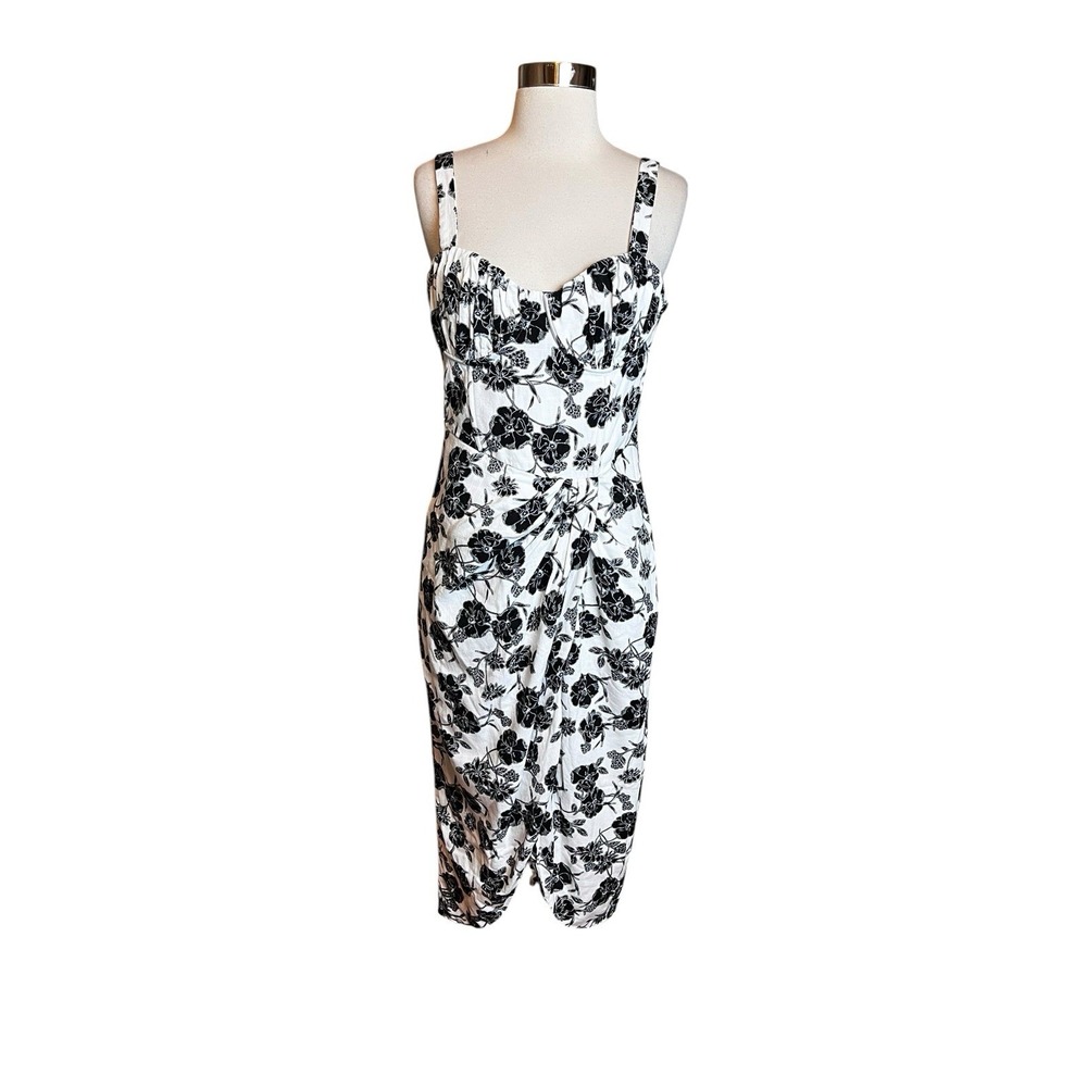 Loft Garden pleated Bustier Midi Dress 4-6 Black white Linen Blend Sleeveless